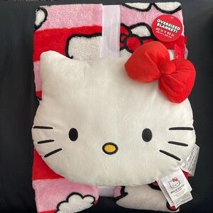 Hello Kitty Throw Pillow & Plush Blanket Set 60x90” Cute Cat Pink Red Nogginz